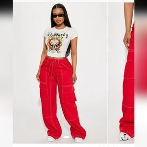 Fashionova Wide-Leg Cargo Pants in Red with Contrast Stitching